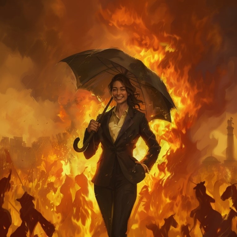 Woman in suit holding an umbrella and smiling whilst also on fire